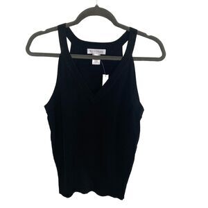 White House Black Market -V- Neck Black Sleeveless Sweater Rayon Nylon  Sz M NWT